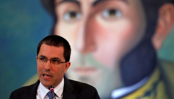 Venezuela's Foreign Affairs Minister Jorge Arreaza talks to the media during a news conference in Caracas, Venezuela April 8, 2019. 