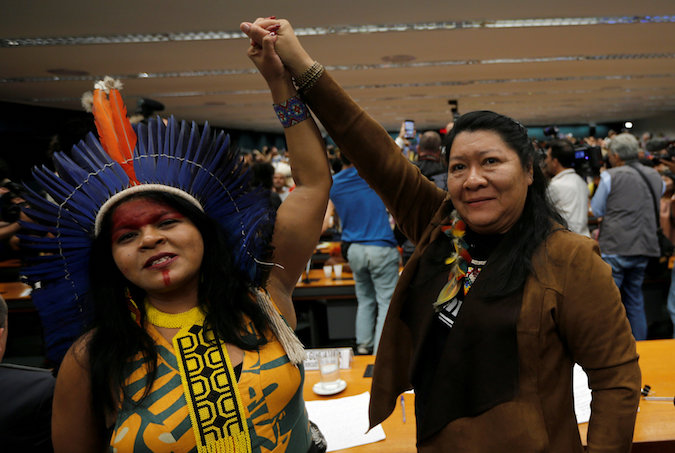 Congresswoman Joenia Wapichana of the Wapixana tribe and Indigenous Leader Sonia Guajajara of the Guajajara tribe during the Terra Livre camp, or Free Land camp, at the National Congress in Brasilia, Brazil April 25, 2019.