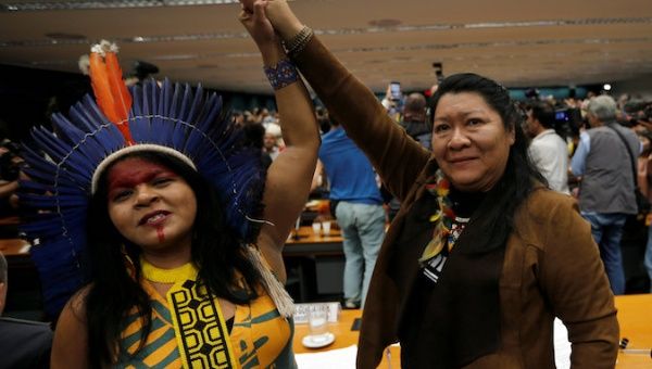 Congresswoman Joenia Wapichana of the Wapixana tribe and Indigenous Leader Sonia Guajajara of the Guajajara tribe during the Terra Livre camp, or Free Land camp, at the National Congress in Brasilia, Brazil April 25, 2019.