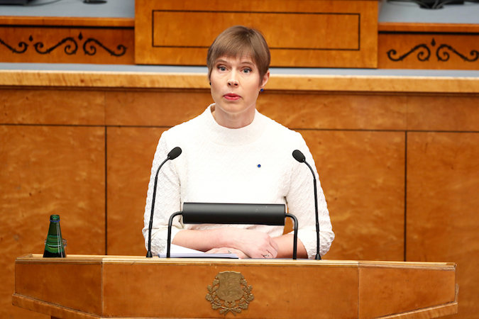 Estonian President Kersti Kaljulaid addresses the newly elected Estonian Parliament in Tallinn, Estonia April 4, 2019.