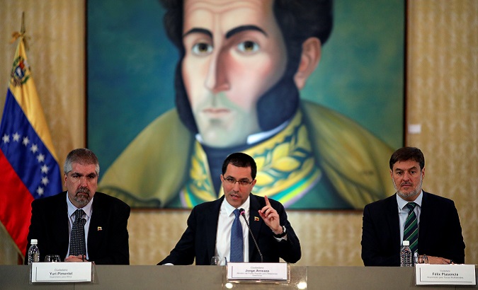 Venezuela's Foreign Affairs Minister Jorge Arreaza talks to the media during a news conference in Caracas, Venezuela.