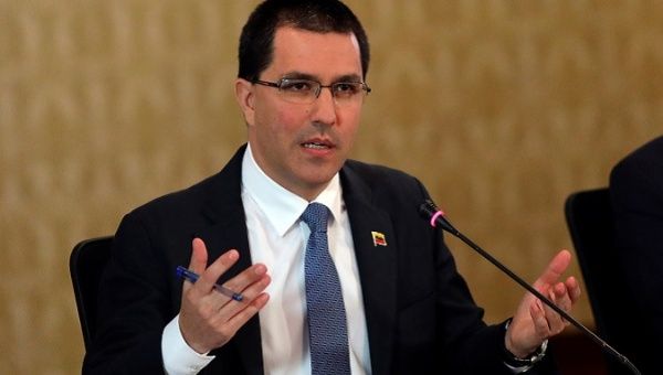 Venezuela's Foreign Affairs Minister Jorge Arreaza talks to the media during a news conference in Caracas, Venezuela April 8, 2019.