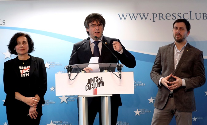 Former Catalan president Carles Puigdemont presents his candidacy and 'Junts per Catalunya' party list, for the European Election, during a news conference in Brussels, Belgium April 10, 2019.