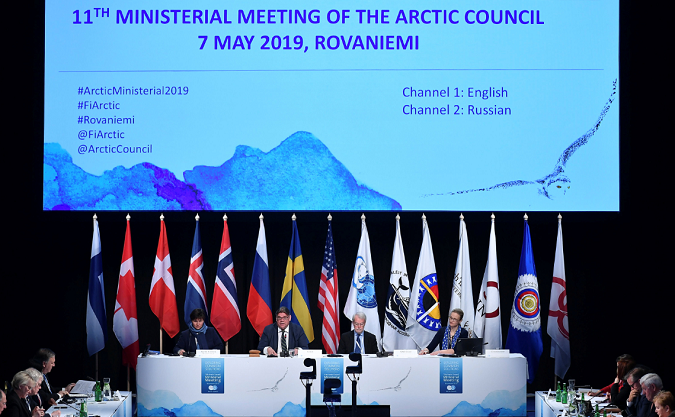 Finland's Foreign Minister Timo Soini welcomes the participants attending the Arctic Council summit at the Lappi Areena in Rovaniemi, Finland May 7, 2019