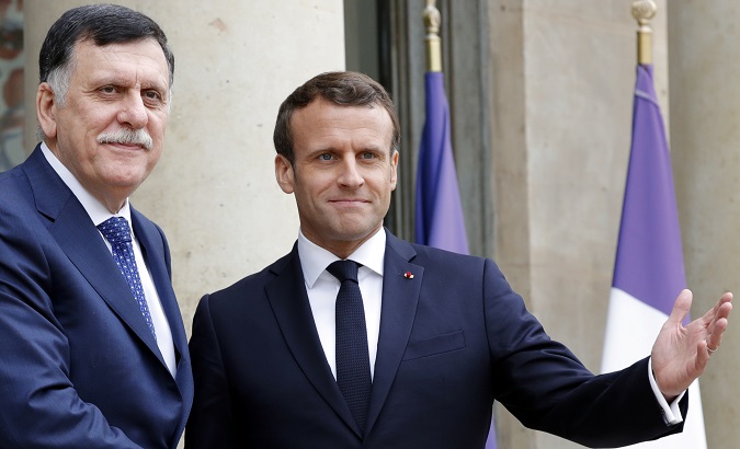 French president Emmanuel Macron and Libyan Prime Minister Fayez Al-Sarraj at the Elysee Palace in Paris, France, May 8, 2019.