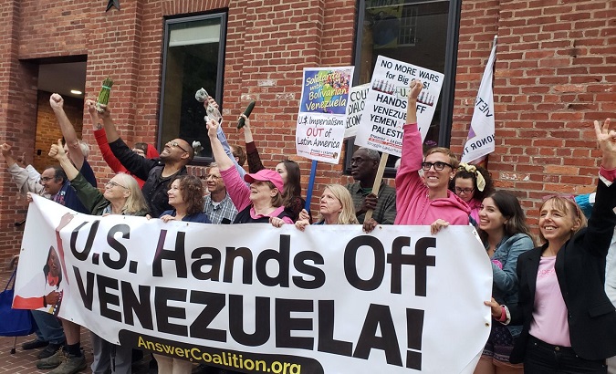 Anti-war activists from Code Pink NGO protests against U.S. interventionist policies against the Venezuelan government.