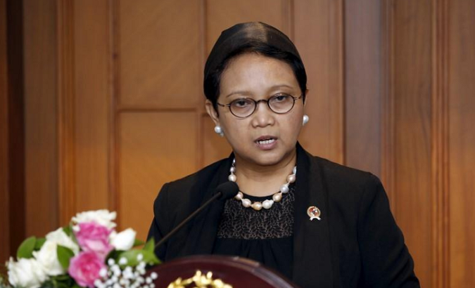 Indonesia's Foreign Minister Retno Marsudi makes a statement at the Foreign Ministry in Jakarta, Indonesia.