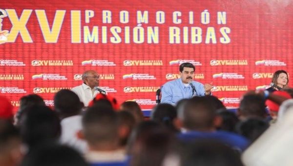 Maduro giving a speech at an event at the Miraflores Presidential Palace