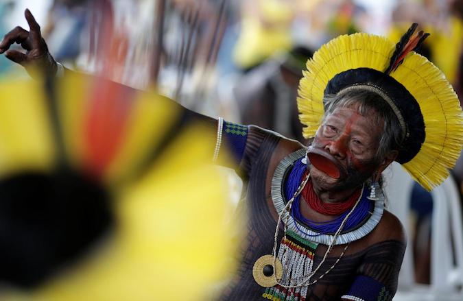 Raoni Metuktire, a leader of the Kayapo people, takes part in a demonstration in Brasilia, Brazil April 25, 2017.