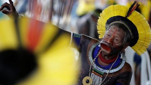Raoni Metuktire, a leader of the Kayapo people, takes part in a demonstration in Brasilia, Brazil April 25, 2017. 