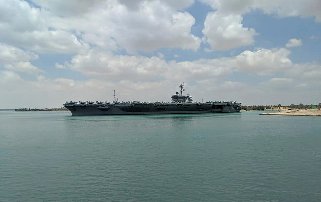U.S. aircraft carrier the USS Abraham Lincoln is pictured while it travels through the Suez Canal in Egypt May 9, 2019 in this picture obtained from social media.