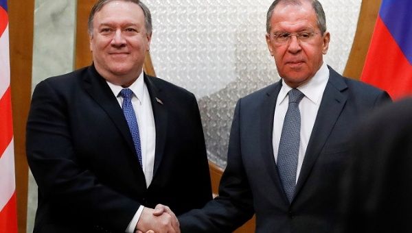 U.S. State Secretary Mike Pompeo (L) and Russian Foreign Minister Sergei Lavrov (R) in Sochi, Russia, May 14, 2019.