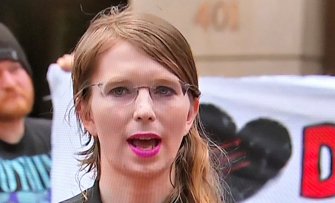 Chelsea Manning speaks to reporters outside the U.S. federal courthouse before appearing before a federal judge regarding a federal grand jury investigation of WikiLeaks in Alexandria