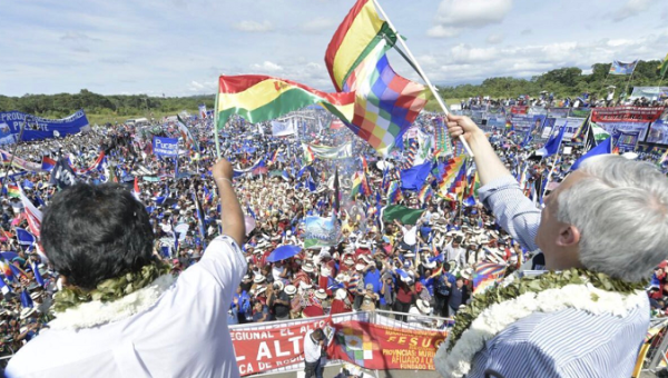  Evo Morales (l) and  Vice President Garcia Linera (r), kickoff their electoral campaign for the Movement to Socialism (MAS) party for the Oct. 20 elections.