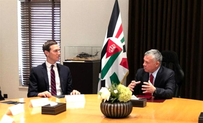 Senior adviser to the president of the United States Jared Kushner (L) talks with King Abdullah of Jordan.