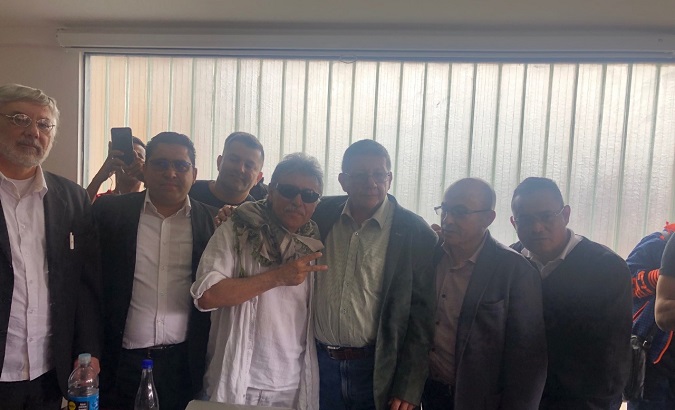 Jesus Santrich in FARC headquarters with fellow comrades.