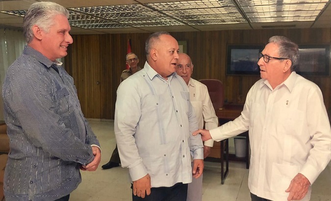 Cuba’s President Miguel Diaz-Canel (L), Venezuela's Socialist party vice president Diosdado Cabello (C) and Cuban Communist Party First Secretary Raul Castro (R) in Havana, Cuba, June 8, 2019.