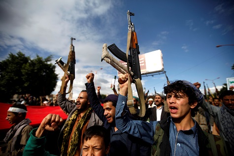 Supporters of the Houthi movement take part in a protest marking the last Friday of the holy month of Ramadan