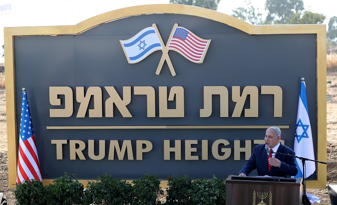 Israeli Prime Minister Benjamin Netanyahu speaks during a ceremony to unveil a sign for a new community named after U.S. President Donald Trump, in the Israeli-occupied Golan Heights June 16, 2019.