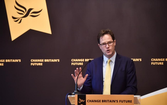 Former Liberal Democrat leader Nick Clegg speaks at a campaign event in London, Britain, May 2 2017.