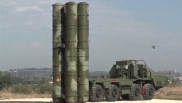 A frame grab taken from footage released by Russia's Defence Ministry November 26, 2015, shows a Russian S-400 defense missile system deployed at Hmeymim Airport in Syria. 