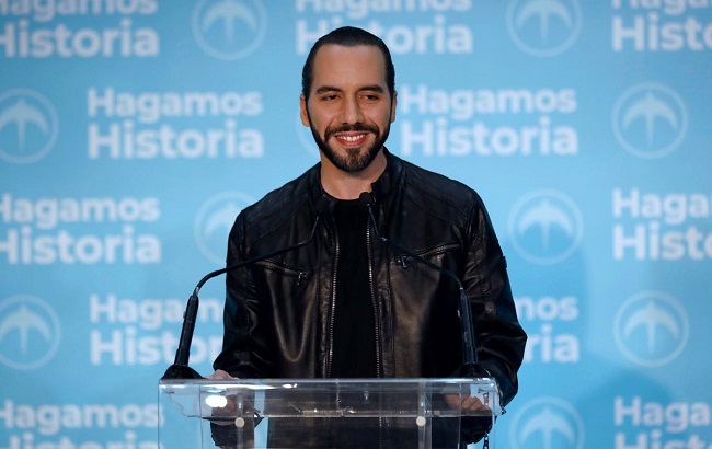 Presidential candidate Nayib Bukele of the Great National Alliance (GANA) speaks during a news conference after the presidential election in San Salvador