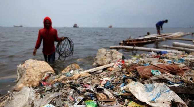 Plastic garbage litters the shoreline in Cilincing in Jakarta, Indonesia.