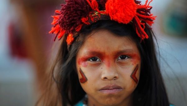 An indigenous child from the Guarani Kaiowa tribe in Brasilia, Brazil, June 26, 2019.