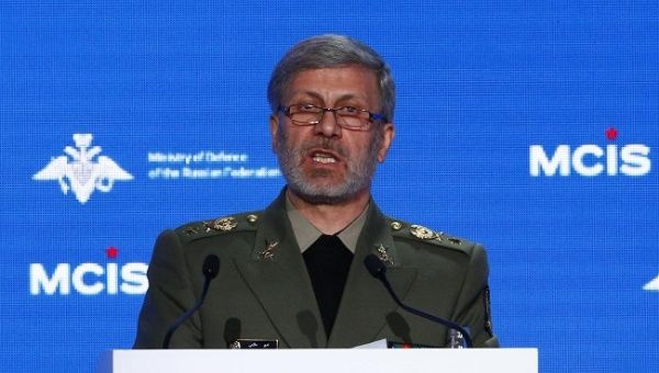 Iranian Minister of Defense Amir Hatami delivers a speech during the annual Moscow Conference on International Security (MCIS) in Moscow, Russia April 4, 2018.