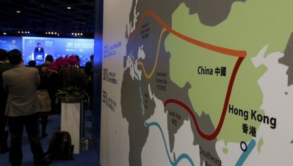 The 'One Belt, One Road' map displayed at the Asian Financial Forum in Hong Kong, China, Jan. 18, 2016.