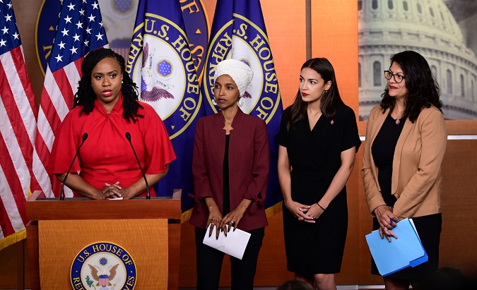 U.S. Reps Ayanna Pressley, Ilhan Omar, Alexandria Ocasio-Cortez, and Rashida Tlaib hold a news conference to condemn President Trump's attacks, July 15, 2019.