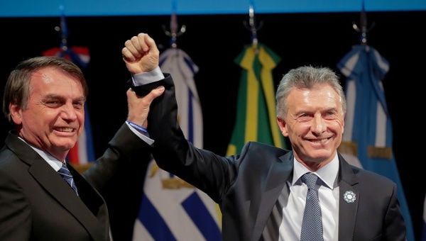 Argentina's President Mauricio Macri and Brazil's President Jair Bolsonaro at the Mercosur Summit in Santa Fe, Argentina July 17, 2019.