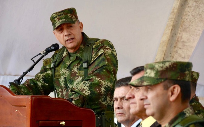 Major General Adelmo Fajardo Hernandez speaking at a military ceremony in Colombia, May 25, 2019