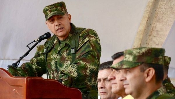 Major General Adelmo Fajardo Hernandez speaking at a military ceremony in Colombia, May 25, 2019