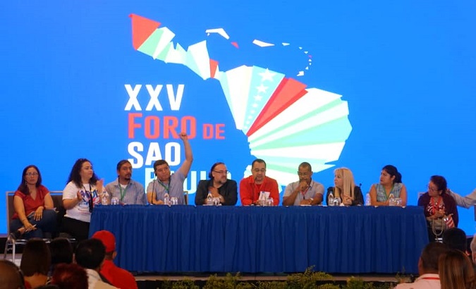 A picture showing speakers at one of the panels of the Sao Paulo Forum.