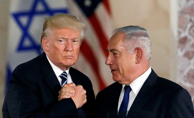 U.S. President Donald Trump and Prime Minister Benjamin Netanyahu shake hands after Trump's address at the Israel Museum in Jerusalem May 23, 2017.