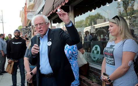 U.S. Sen. Bernie Sanders advocates for cheaper health care, during a rally at a Canadian pharmacy after purchasing lower cost insulin.