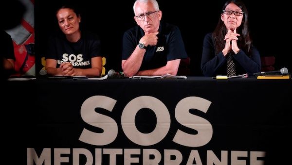 Sophie Beau, co-founder of the charity SOS Mediterranee, Francois Thomas, president of SOS Mediterranee, and Joanne Liu, international president of Medecins Sans Frontieres (MSF)