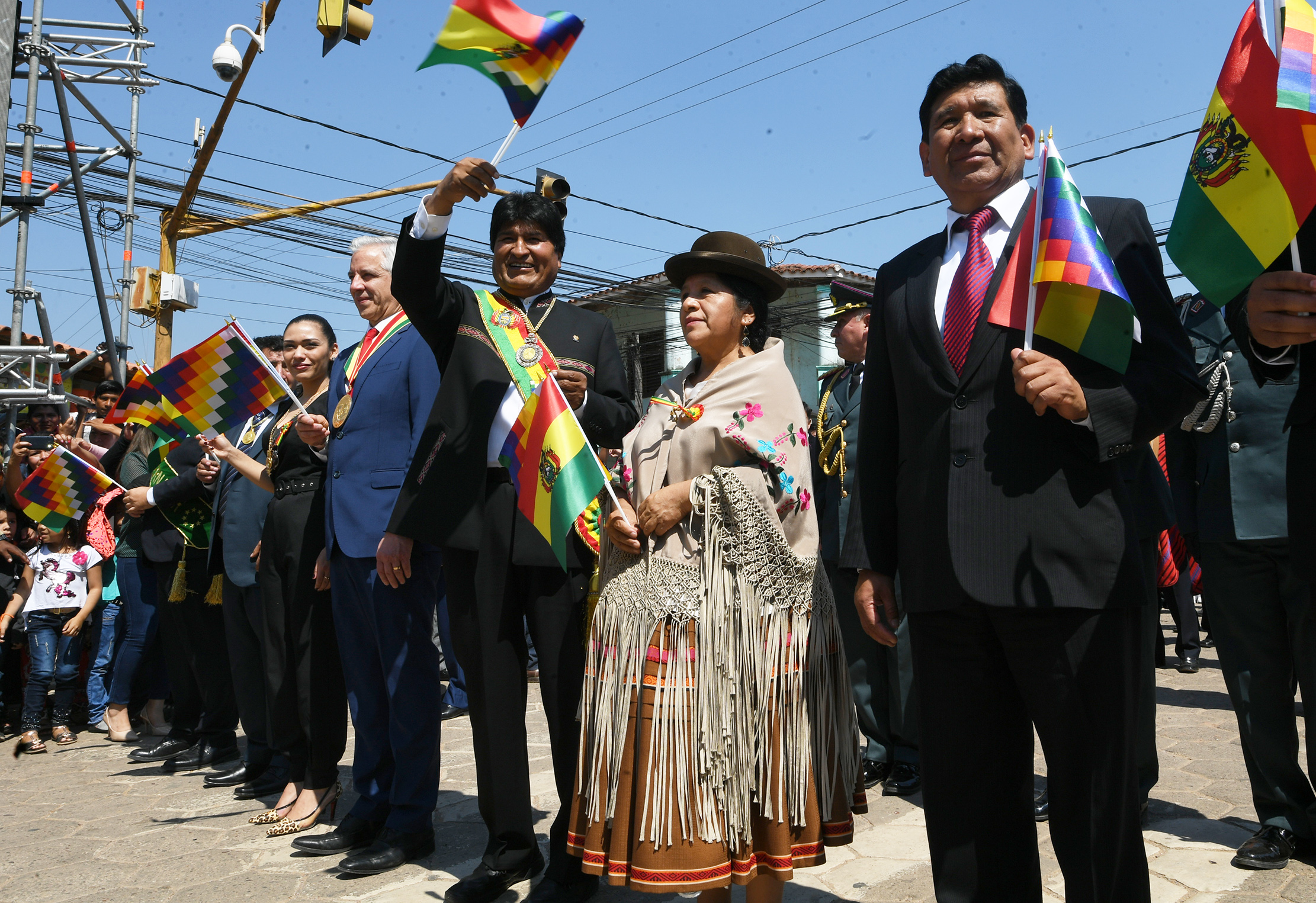 Evo Morales with senior minister at Independence day celebrations on Tuesday.