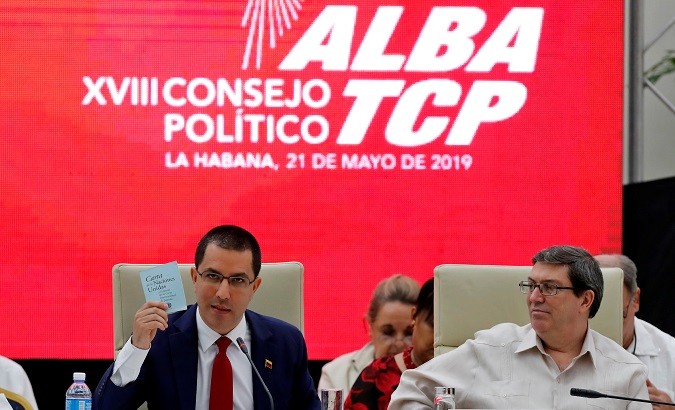 Venezuela's Foreign Minister Jorge Arreaza (L) and Cuba's Foreign Minister Bruno Rodriguez (L) at the ALBA Meeting in Havana, Cuba, May 21, 2019.