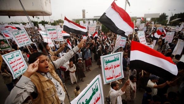 A Houthi supporter shouts slogans as he joins a rally to denounce the blockade imposed by the Saudi-led coalition, outside Sanaa airport in Sanaa, Yemen August 9, 2019. 