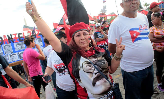 A supporter of Nicaragua's President Daniel Ortega takes part in an event celebrating the 40th anniversary of the Sandinista Revolution, in Managua