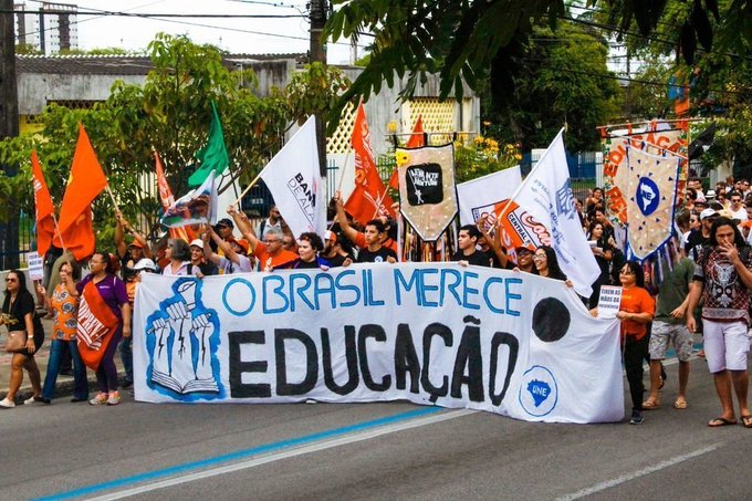 Students take to the streets in Maceio, state of Alagoas, Brazil. The banner reads, 