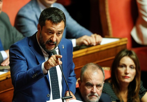 Leader of the League party Matteo Salvini speaking in the upper house as the senate mee to set a date for a motion of no confidence in the government.