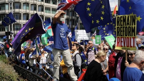 People attend the anti-Brexit 'No to Boris, Yes to Europe' march in London, Britain, July 20, 2019.