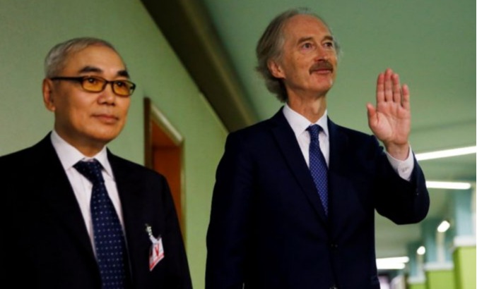 Chinese Special Envoy Xie Xiaoyan and U.N. Special Envoy Geir Pedersen talk to reporters after a meeting at the United nations in Geneva, Switzerland August 20, 2019.