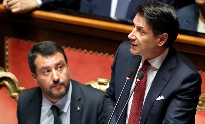 Italian Prime Minister Giuseppe Conte, next to Italian Deputy PM Matteo Salvini, addresses the upper house of parliament over the ongoing government crisis, in Rome, Italy August 20, 2019.