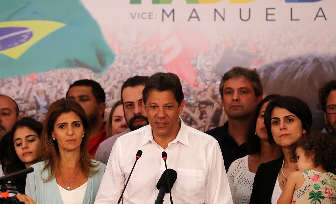 Fernando Haddad at a news conference during a runoff election in Sao Paulo, Brazil, October 28, 2018.