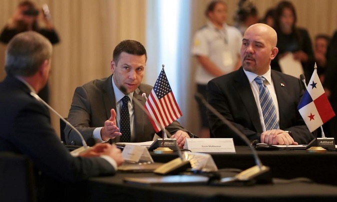 Acting U.S. Secretary of Homeland Security Kevin McAleenan next to Panama's Security Minister Rolando Mirones during a meeting with ministers from Central America and Colombia to discuss security and migration, Panama City, Panama August 22, 2019