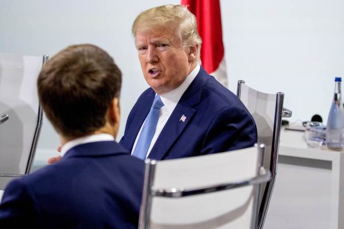 French President Emmanuel Macron and President Donald Trump participate in a G-7 Working Session on the Global Economy, Foreign Policy, and Security Affairs the G-7 summit in Biarritz, France August 25, 2019